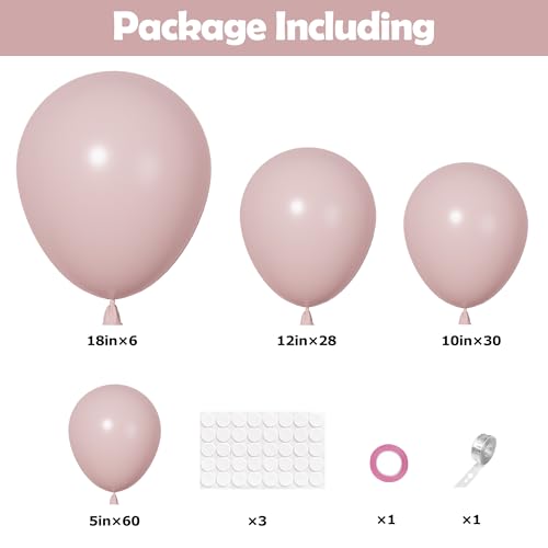 Image of Ouddy Party 129Pcs Dusty Pink Balloons Arch Garland Kit 18 12 10 5 Inch | Different Sizes 6Pcs 18 inch Boho Blush Pink Latex Balloons for Birthday Shower Wedding Anniversary Party Decorations