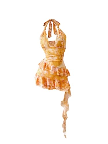 Verdusa Women's Y2k Halter Mini Dress Mesh Sexy Floral Ruffle