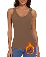 WOWENY Damen Thermo Unterhemd mit Spitze Oberteil Ärmellos Spitzentop Tank Top Warm V Ausschnitt Fleece Elegant Shirt[Braun,XL]