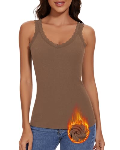 WOWENY Damen Thermo Unterhemd mit Spitze Oberteil Ärmellos Spitzentop Tank Top Warm V Ausschnitt Fleece Elegant Shirt[Braun,XL]