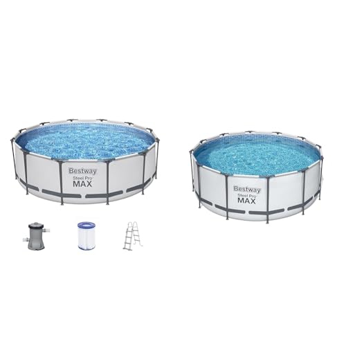 Bestway Steel Pro MAX Frame Pool-Set mit Filterpumpe Ø 366 x 100 cm, lichtgrau, rund & Flowclear™ Solarabdeckplane, Ø 356 cm, für runde 366 cm und 396 cm Aufstellpools, blau