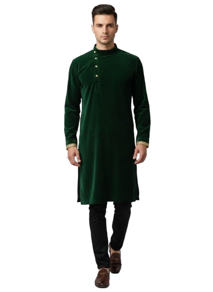 Generic Men's Green Velvet Kurta, Long Sleeve - Image 4