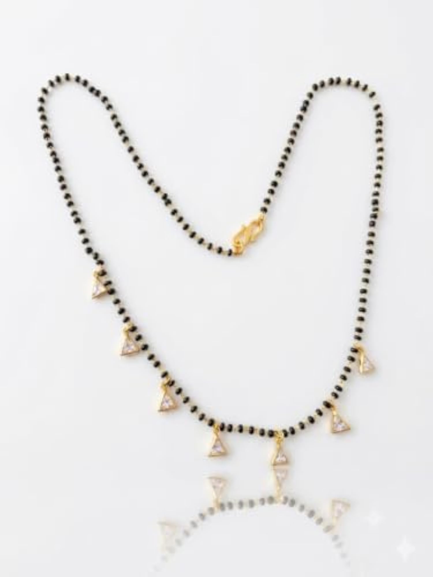 Women's Gold Plated Black Beads Mangalsutra with Triangle Zircon