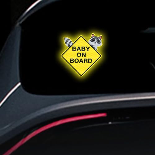 Image of 2PCS Assured Signs Baby On Board Sign Stickers,Reflective Baby Safety Warning Decal for Cars- Bright Yellow, Durable (Raccoon Baby on Board)