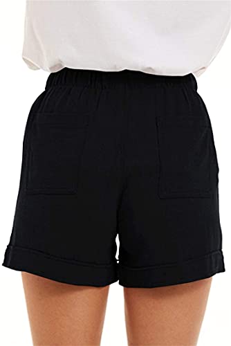 Summer Wide Leg Shorts For Women Elastic Waist Casual Comfy Short Pants Drawstring High Waisted Shorts With Pockets (Black,Large) #TOP27