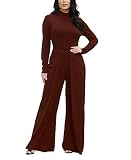Ophestin Womens Long Sleeve Round Neck Jumpsuit for Work Wide Leg Pants Rompers Burgundy Size M