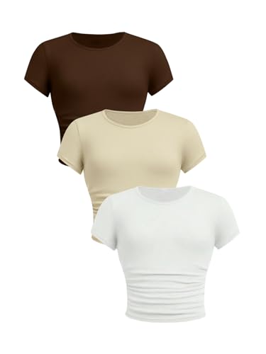 Image of SOLY HUX Girl's Basic Crop Top Set Crew Neck Short Sleeve T-Shirts 3 Packs Casual Summer Fitted Tees