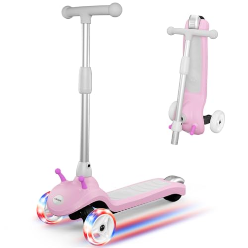 Slaypo 3 Wheel Electric Scooter for Kids Ages 2–8, LED Lighted Wheels, Extra Wide Anti-Slip Deck, 3 Adjustable Height Handlebars & Lean to Steer Technology, 80W Motor Scooter for Boys & Girls