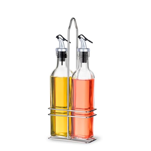 Fackelmann Set Aceitera y Vinagrera con Soporte, Incluye 2 Botellas de Vidrio de 250 ml y Rack, Conjunto Estable, Duradero y Decorativo, Apto para Lavavajillas, 30x12x6 cm