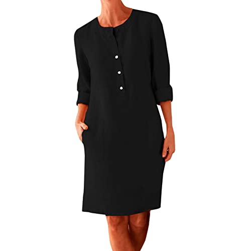 Generisch Blusenkleid,Musselin Kleid Damen 3/4 Arm Leinenkleid Sommer Knopfleiste Sommerkleid mit Taschen Leinenkleider Baumwolle Leinen Blusenkleid...