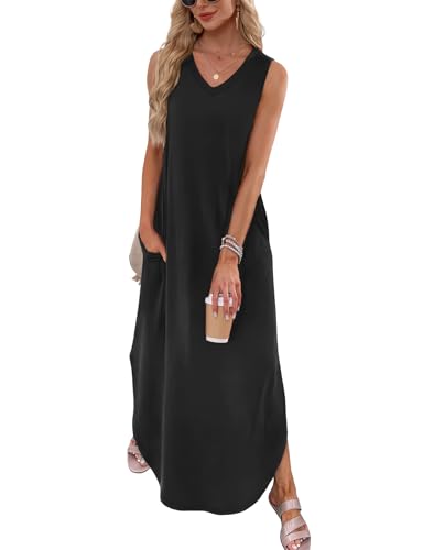 Askyes Long Maxi Dress for Womens Sleeveless Casual Flowy Vacation Beach Sundress with Pockets 2026 Fashion,Black,L