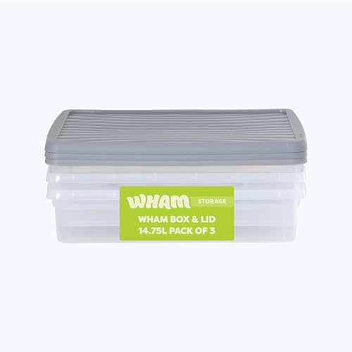 Wham Box 3 x 14.75L Stackable Plastic Storage Boxes with Lids | Ideal for Home, Office, Toys & More | Secure, Ribbed Clip-On Lid for Added Strength | Made in UK - Clear/Steel