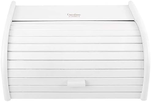 Creative Home White Wooden Bread Bin | 40 x 27,5 x 18,5 cm | Natural Beech Wood | Bread Box Container with Roll-Top Lid | Wooden Kitchen Storage box