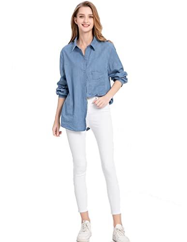 Minibee Women's Long Sleeve Shirts Button Down Blouse Cotton Tunic High Low Tops3