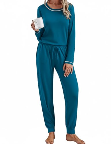 Aseniza Pigiama Donna Cotone Pigiami Invernali Lungo Maniche Lunghe Set Due Pezzi Leggero Tinta Tinta Unita Morbido e Caldo con Tasche Coulisse Blu Navy M