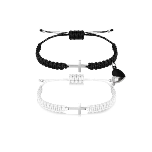 Image of CJIAYUJEW Matching Bracelets for Couples Handmade Braided Love Cross Bracelet Adjustable Heart Matching Attraction Couples Bracelet for Him and Her Bff Friendship Gift