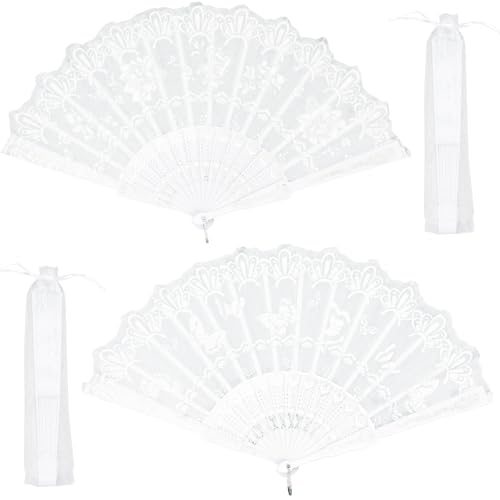 Set di 4 ventagli a mano bianchi, in pizzo bianco, con custodia, piccoli scomparti in tessuto, scomparti per matrimoni, matrimoni, balli, decorazioni