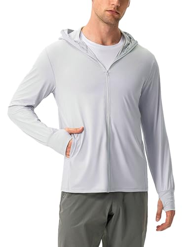 Sukany Men's UPF 50+ Sun Protection Hoodie Lightweight Athletic UV Jacket Running Thin Zip Up Outdoor Hiking Long Sleeve SPF Shirt with Thumb Holes Grey M