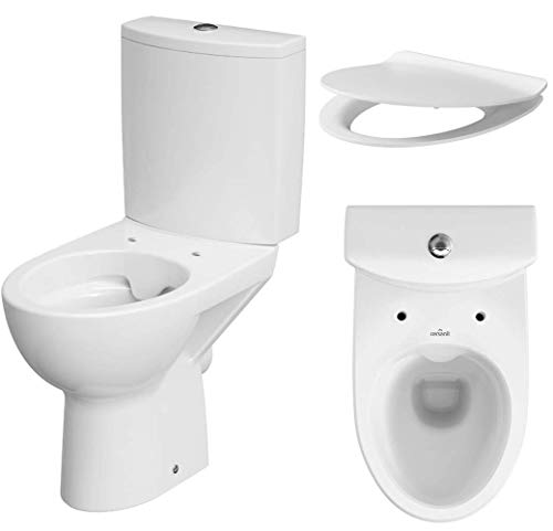VBChome Keramik Stand- WC Toilette Komplett -Design- Set mit Spülkasten WC- Sitz Slim aus Duroplast mit Absenkautomatik SoftClose-Funktion für waagerechten Abgang Wasseranschluss Spülrandlos