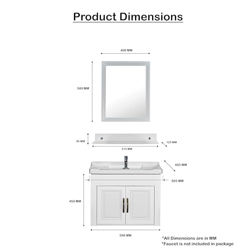 Image of WASSMIST Bathroom Vanity Washbasin Cabinet with Mirror & Shelf | Wall Mounted Wash Basin with Cabinet Full Set | Waterproof & Unbreakable (White)