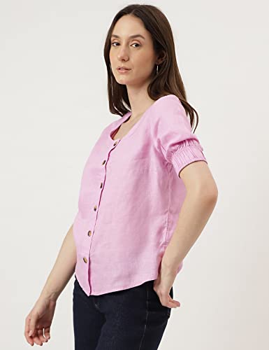 Image of Marks & Spencer Womens Solid Linen Blend Round Neck Regular Fit Top