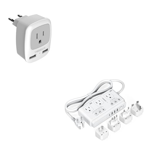 TESSAN European Travel Plug Adapter, International Power Plug with 2 USB Ports, Type C Outlet Adaptor, 220V to 110V Voltage Converter, 2000W Step Down Transformer, for Europe UK EU AUS Spain