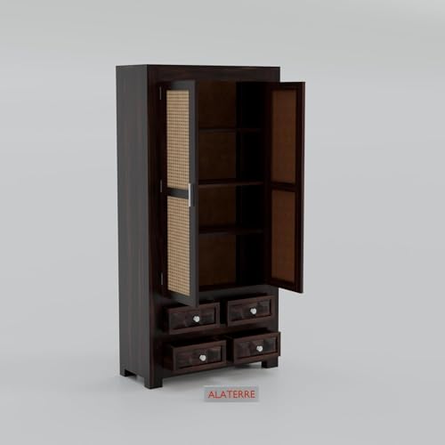 Image of Wooden Storage Cabinet with Cane Doors & Drawers | Tall Solid Wood Wardrobe Cabinet with 2 Doors & 4 Drawers (Walnut Finish)