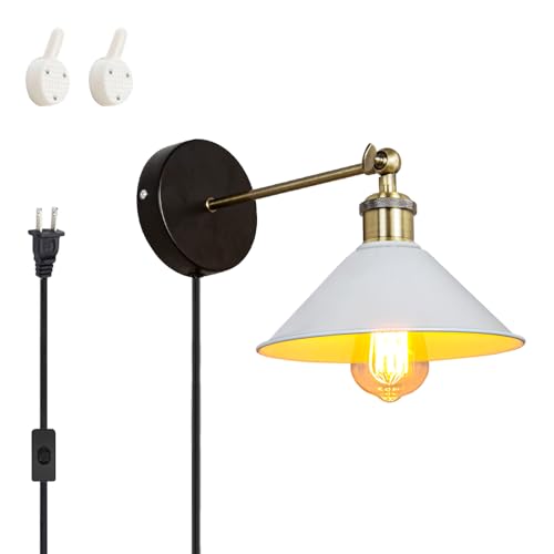 Image of ANYE Wall Sconce UL Plug-in Cord Bronze E26 Base Retro Minimalist Style Macaron White Iron Shade Wall Light Fixture for Cabinet Kitchen Hotel Bulb Sold Separately