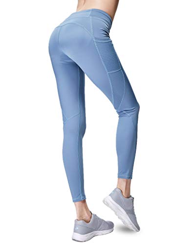 Bluewhalebaby Yoga Sports Pants with Pockets, High Waist Band Tummy Control, Active Workout Running Leggings with Pockets for Women Blue S