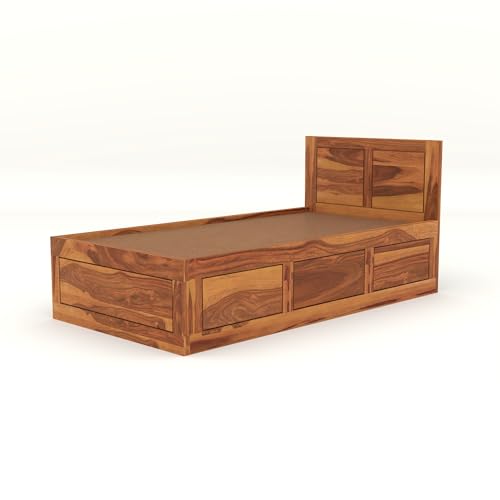 Image of Solid Sheesham Wood Single Size Bed with Box Storage for Bedroom Living Room Single Cot for Home Wooden Palang for Hotel (Honey, Size 6 * 3)