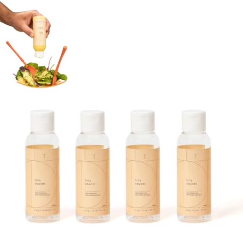 Tiny Traveller Co - Leak-Proof Squeeze Bottles for Sauces with 700ml Silicone Storage Pouch, Compact Mini Dressing Bottles, BPA-Free, Ideal for Sauces, Oils, Dressings, and Vinegars - 4 x 100ml
