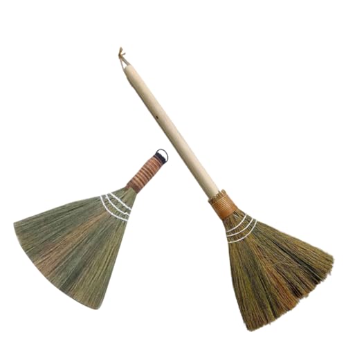 PRETYZOOM 2pcs Handmade Bamboo Soft Broom Set Removable Long Handle, Small Indoor Dust Broom and Large Floor Cleaner for Home and Kitchen