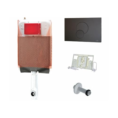 FERCOLOR® Cassetta Incasso WC Kariba Kit Completo di Scarico a Muro con Placca due Pulsanti Alta Qualità (Cassetta con Placca Nera)