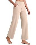 G4Free Wide Leg Trousers for Women UK Ankle Length Yoga Pants with Pockets High Waisted Petite Stretch Trousers Short Leg Casual Travel Dress Pants(Light Khaki,M,27.5")