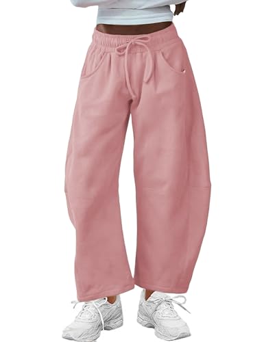Hongsui Women's Barrel Leg Pants Elasticated Waistband Soft Wide Leg Pants with Pockets Casual Sweatpants