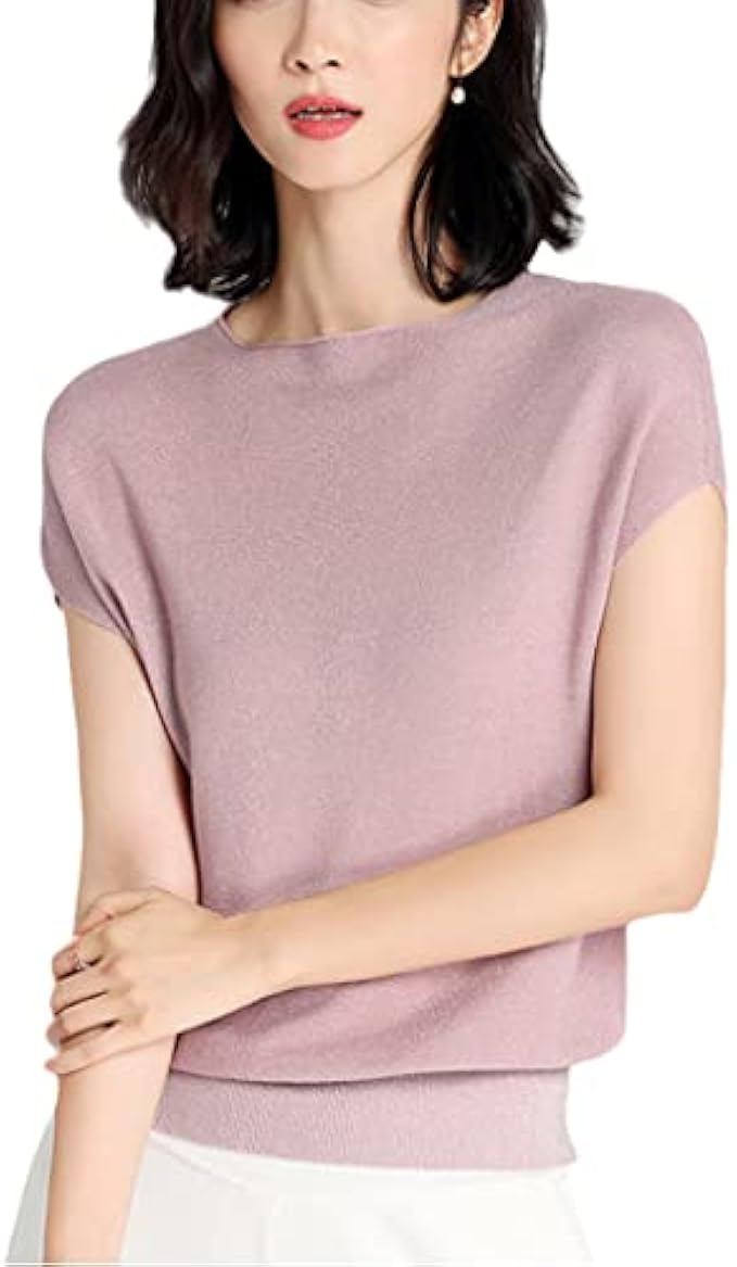 FULBHPRINT Women Short Sleeve T-Shirt Elegant Rib Knit Top Tees Summer O Neck T Shirt Ice Silk Casual T-Shirts