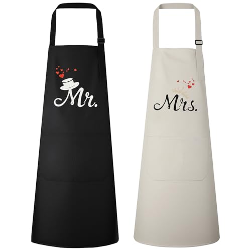 Vicloon Mr & Mrs Küchen Schürze Verstellbare Schürze mit 2 Taschen Bändern Küchenschürze für Männer Küchenschürze für Grillabende von Männern und Frauen im Garten verwendet werden