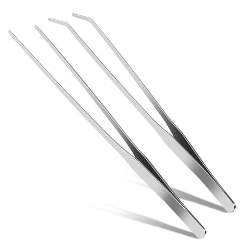FSDIYU 2 Pcs Reptile Feeding Tongs, 10.6IN Straight & Curved Extra Long Tweezers, Premium Stainless Steel Feeding Tools for Bearded Dragon, Lizards, Snakes, Aquarium & Terrarium