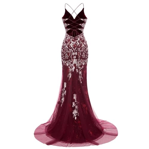Image of Long Spaghetti Straps Tulle Mermiad Prom Dress V Neck Lace Appliques Formal Dress with Slit SF203
