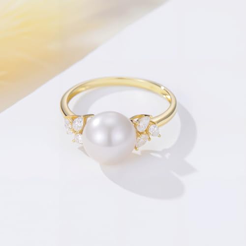 10K Solid Gold Pearl Wedding Ring for Women, Yellow Gold Moissanite 9mm Freshwater Pearl Flower Ring, June Birthstone Jewelry Gift Anniversary Birthday Christmas Gift for Her, Size 6-83