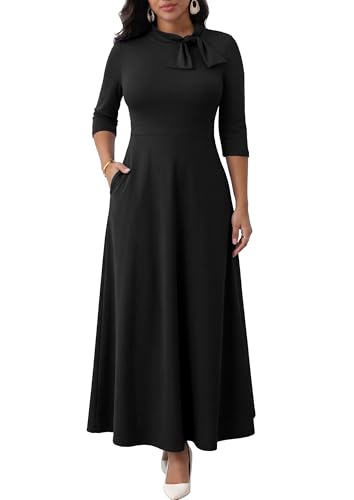 Image of FANDEE Maxi Dress for Women Long Elegant 3 /4 Sleeve Bow Tie Neck A Line Casual Party Church Dresses with Pockets