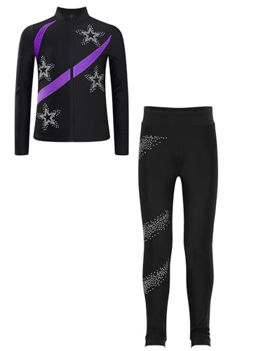 Kids Girls Ice Figure Skating Training Suit Rhinestone Long Sleeve Jacket Coat with Leggings Set