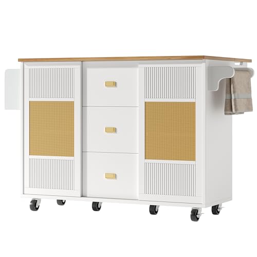 LAKFEW Isla Cocina con Ruedas y Encimera Plegable, Isla de Cocina con 2 Puertas Correderas y 3 Cajones, Aparador Cocina con Estante Ajustable y Toallero, Kitchen Island, 146.85x42(70) x93 cm, Blanco - imagen 9