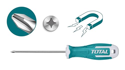 TOTAL - Destornillador Phillips - PH2-75mm - Punta Imantada - Mango Ergonómico Bimaterial - Acero Resistente a la Corrosión - Ideal para Reformas y Mantenimiento, Azul, PH0 x 75 mm, Hierro