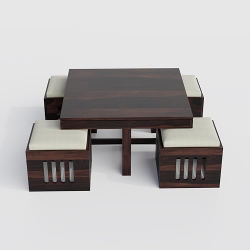 Image of Solid Sheesham Wood Coffee Table with 4 Stools | Square Centre Table with Stool | Dark Walnut, Pre Assembled