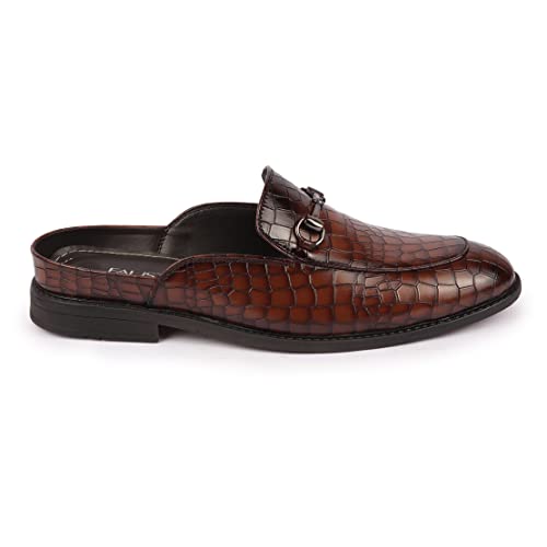 FAUSTO Men Embossed Leopard Print Design with Horsebit Buckle Ethnic Party Back Open Slip On Mules Shoes