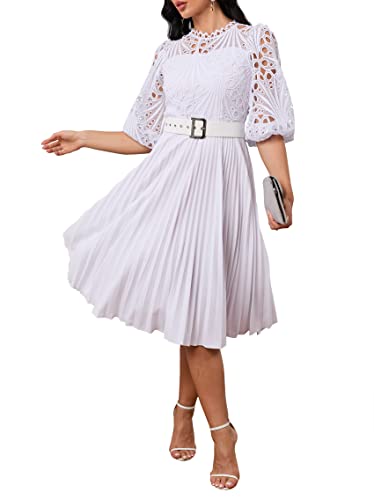 IWFEV Lace Pleated Dress Puff Sleeve Mid-Calf Short Sleeve Midi Dress Hollow Party Evening Dress M