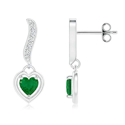 Heart-Framed Emerald and Diamond Swirl Drop Earrings in Silver (4mm Emerald)