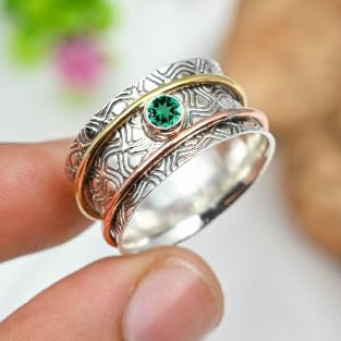 Anello spinner in argento Sterling 925 coltivato in laboratorio con smeraldo, per uomini e donne, tutte le dimensioni, articolo regalo gioielli TSR1218AN_4 (J 1/2), J 1/2, Metallo Pietra