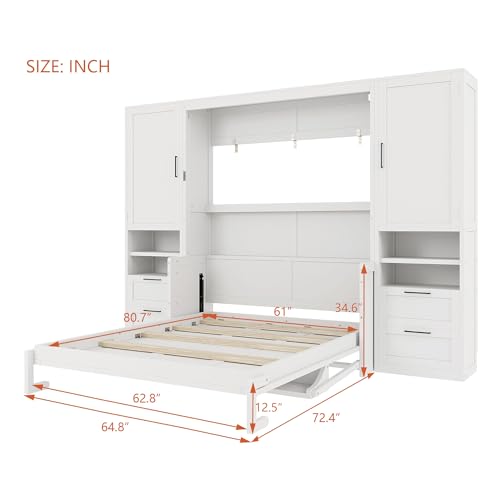 Image of Merax Queen Size Murphy Bed with Desk, Multifunctional Foldable Wall Bed with Closet, Drawers and Shelves, Space-Saving Wood Platform Bed Frame for Small Spaces Studio Study Office Guest Room, White